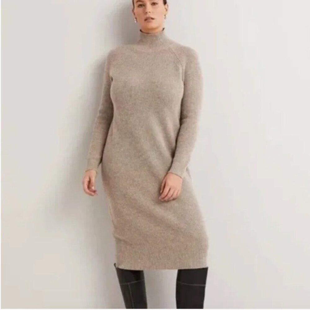 Boden Size 8 High Neck Knit Sweater Midi Dress Wool Blend Mink Tan Neutral